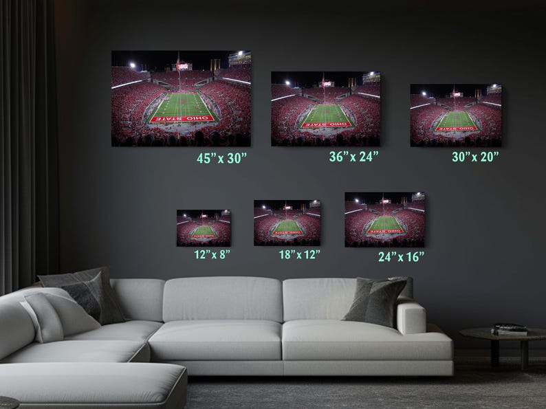 a living room with a couch and a wall mounted picture of a football field