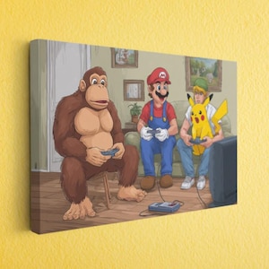 Retro Gaming Friends Canvas – Cartoon Style Video Game Legends Wall Art – Funny Couch Scene for Gamers and Collectors