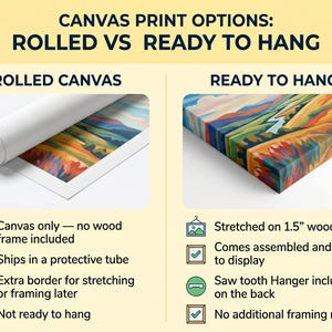 The image is a comparison between two canvas print options: a rolled canvas and a ready-to-hang canvas.