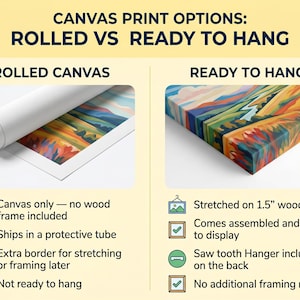 The image is a comparison between two canvas print options: a rolled canvas and a ready-to-hang canvas.