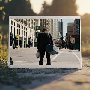 a man walking down a street holding a bag