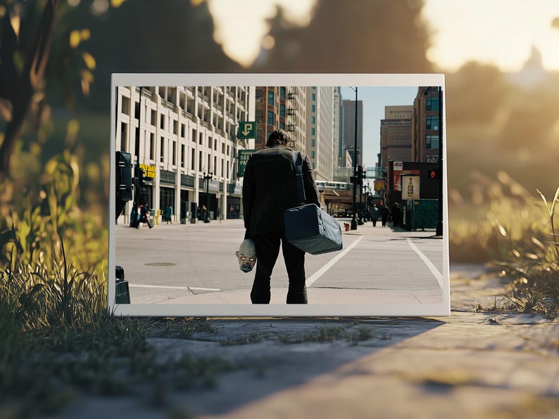 a man walking down a street holding a bag