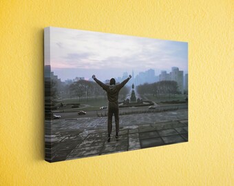 Victory Steps Canvas Wall Art – Motivational Boxing Silhouette Over City Skyline – Bold Inspirational Decor for Gym, Studio or Fan Cave
