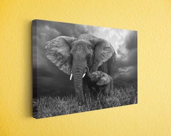 Elephant Wall Art Black and White, Mother and Baby Elephant Canvas Print, Safari Wildlife Photography, African Animal Nursery Decor