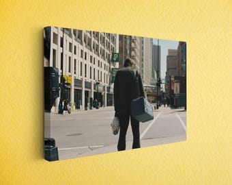 Man in Suit Holding Mask on City Street Canvas Print, Large Cinematic Wall Art for Living Room, Gritty Urban Home Decor, Heist Movie Scene