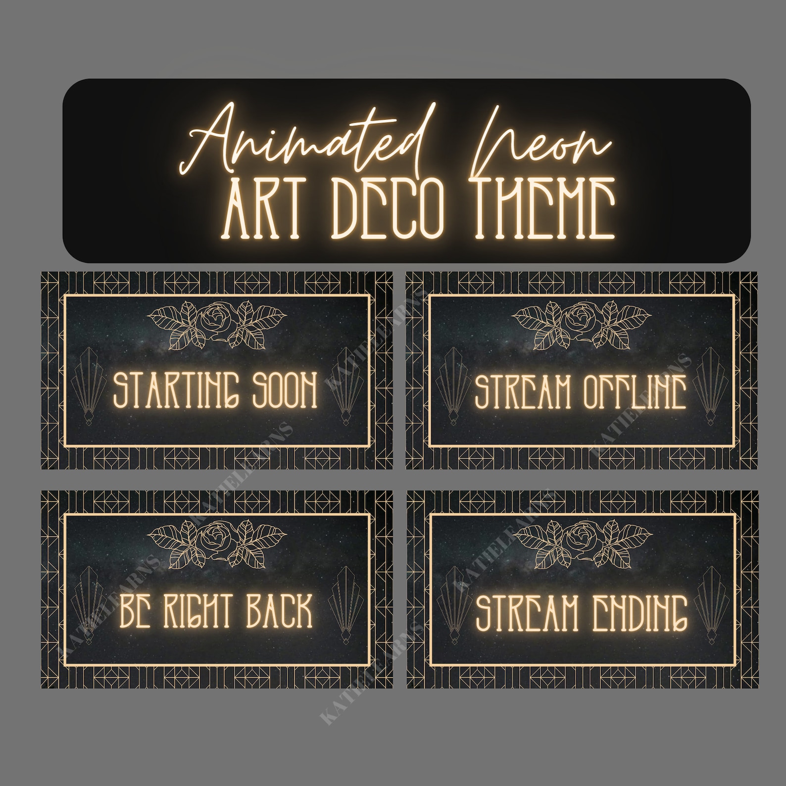 Twitch Neon Gold Art Deco Stream Package (includes, 4 Animated and ...