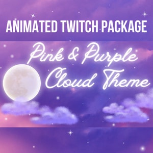 Twitch Animated Pink & Purple Sky Stream Package (Includes, 4 Animated/static screens, 6 Transparent Overlays, 20 panels, webcam overlay)