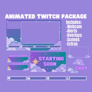 May include: An animated Twitch package with a purple and teal color scheme. The design includes webcam, alerts, overlays, scenes, and extras. The words "Starting Soon", "New Follower", "New Host", and "Chat" are displayed.