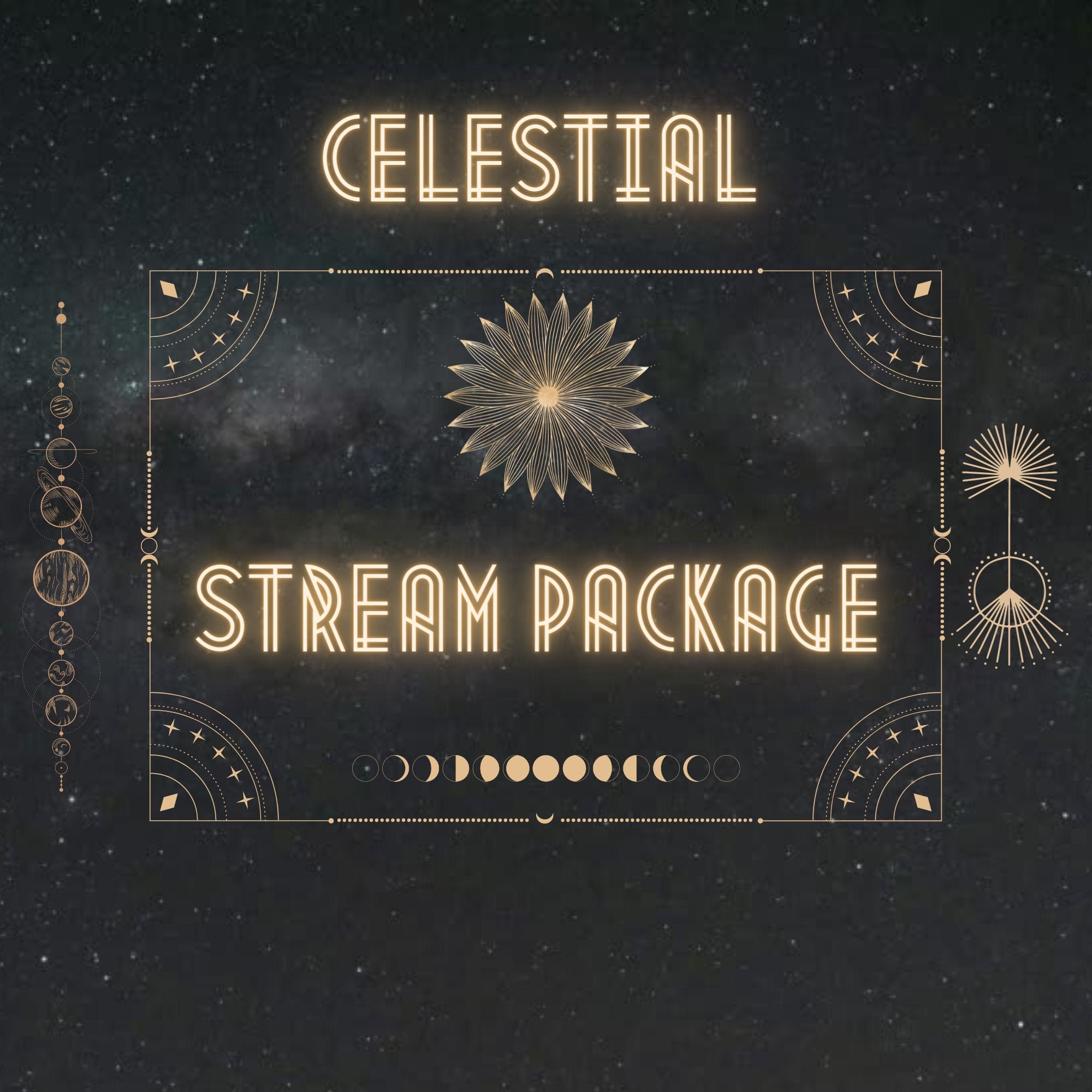 Twitch Neon Gold Celestial Stream Package (Includes, 4 Animated and static screens, 4 Transparent Overlays, 20 panels, 1 webacm overlay))