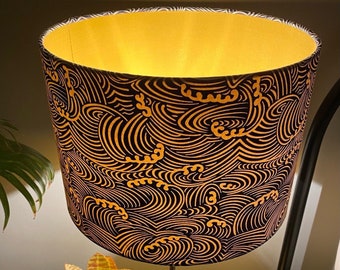 Japanese Wave Lampshade: Navy Blue & Ochre Cotton, 30cm