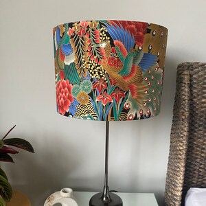Double-sided &#39;Peacock&#39; lampshade - 30cm diameter with Japanese print fabric featuring peacock motif