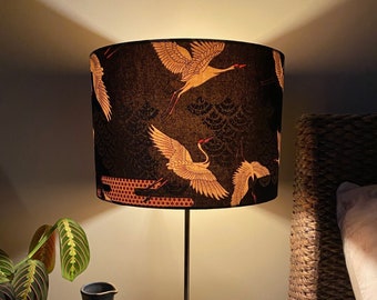 Double-sided 'Cranes In The Sky' lampshade - 30cm diameter with Japanese print fabric featuring crane motif