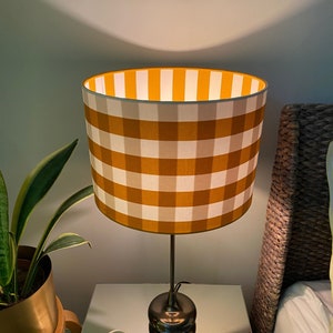 Double-sided 'Autumn Duel' Gingham lampshade - 30cm diameter with ochre & white striped fabric outer and inner
