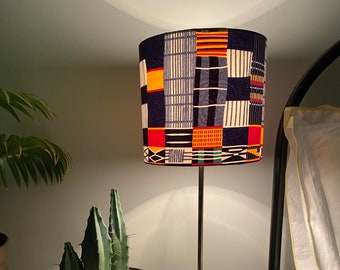 Single-sided lampshade - 20cm diameter with grey and yellow ‘grid’ pattern Ankara fabric