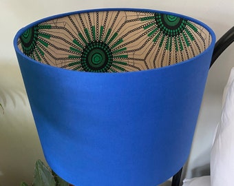 Double-sided lampshade - 30cm diameter with Royal Blue outer & “Green Dandelion” print fabric inner