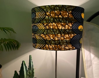 Double-sided lampshade - 30cm diameter yellow & grey oval print lampshade with striped fabric inner