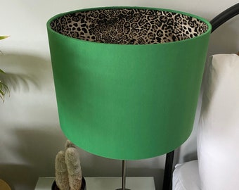 Double-sided lampshade - 30cm diameter with Emerald Green outer & “Leopard or Lynx” print fabric inner