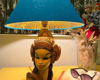 Coolie Lampshade: Turquoise Outer, Leopard/Lynx Print Inner - 45cm