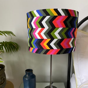Double-sided lampshade - 30cm diameter with multicoloured horizontal ‘Chevron’ print fabric