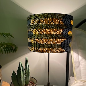 Double-sided lampshade - 30cm diameter yellow & grey oval print lampshade with striped fabric inner