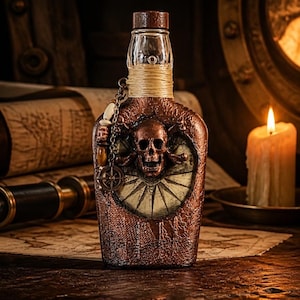 May include: A brown glass bottle with a textured finish featuring a central skull and crossbones emblem over a compass rose design. The neck is wrapped in light-coloured twine, and a metal chain with beads and a small compass charm hangs from it.