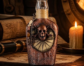 Handmade longneck Pirate Flask with Skull and Crossbones, Renaissance Faire Accessory