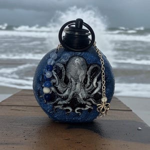 Puede incluir: Una botella decorativa azul con un diseño de pulpo plateado. La botella tiene una tapa negra y una cadena plateada con un pequeño dije de pulpo. Cuentas azules y blancas están unidas. El fondo muestra el océano.