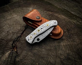 Handmade Damascus Steel Folding Knife, Engraved Handle, Mosaic Pins, Leather Sheath