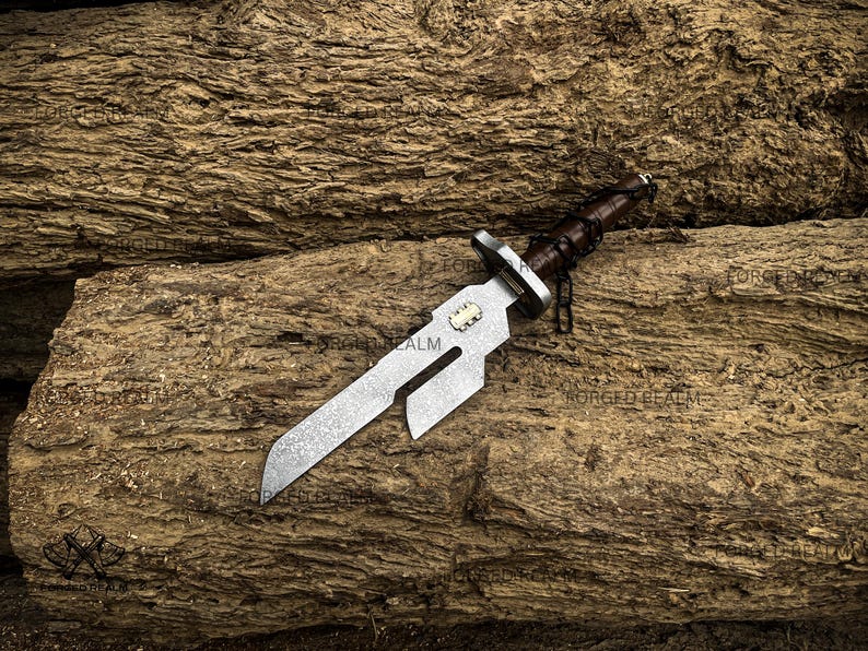 May include: A fixed-blade knife with a textured, patterned steel blade featuring a rectangular cutout near the spine. The handle is wrapped in dark brown leather with a metal crossguard and a small brass-colored inlay on the blade base.