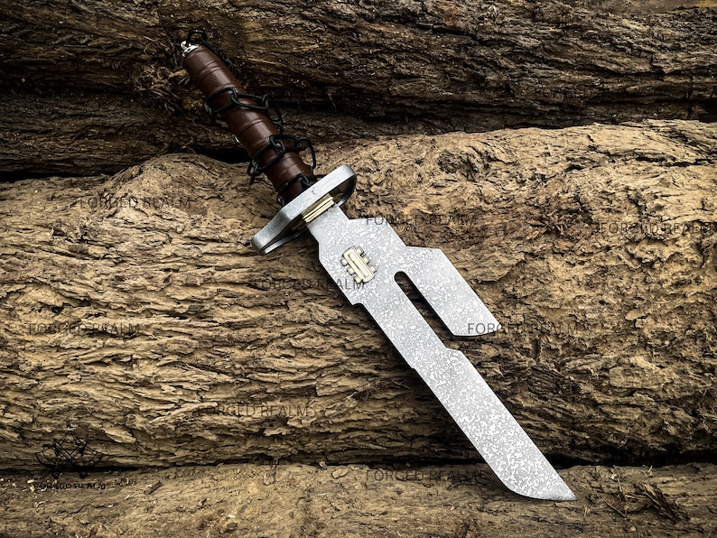 May include: A fixed-blade knife with a patterned steel blade featuring a cutout design and a small brass-colored inlay. The handle is wrapped in dark brown leather with black cord lacing and a metallic pommel. The blade has a textured finish.