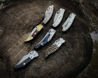 Handmade Damascus Steel Folding Knives, Engraved Handle, Mosaic Pins, Leather Sheath, Slim Metal Accessory