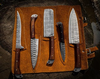 Handmade 5-Piece Damascus Pattern Chef Knife Set | Forged Finish, Wooden Handles, Leather Roll