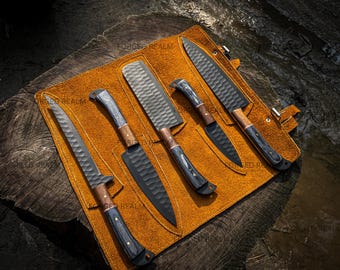 Handmade Forged Chef Knife Set | 5-Piece Black Powder Coated Kitchen Knives with Leather Roll