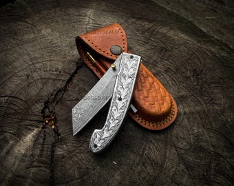Handcrafted Damascus Folding Pocket Knife, Engraved Handle & Leather Sheath