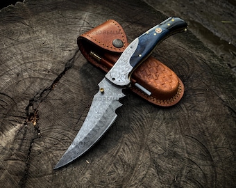 Handmade Damascus Steel Folding Knife, Dark Blue Resin Handle, Engraved Bolster, Leather Sheath
