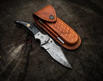 Handmade Damascus Steel Folding Knife, Black Handle, Leather Sheath, Collector Pocket Knife