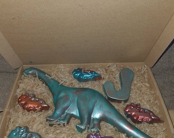 Handmade Belgian Chocolate large dinosaur & 6 smaller chocolate dinosaurs in box