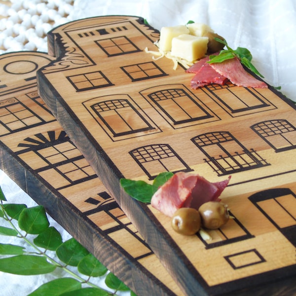 Dutch House Design Cheese Board, Handmade Beech Wood Laser Engraved Small Tapas Serving Tray, Appetizer Plate, Cutting Boards for Kitchen