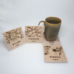 Ensemble de sous-verres fait main en forme de carte des villes italiennes (4 pièces)