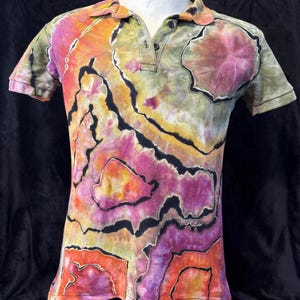 Tie Dye Reverse Geode Polo Adult Medium Ladies Collar Green Purple Orange Black Beach Work Business Casual Festive Fall Halloween Autumn
