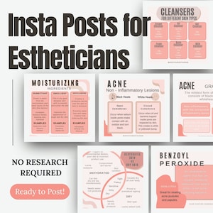 100 gráficos de cuidado de la piel en tonos rosados y ruborizados para esteticistas, infografías y datos sobre el cuidado de la piel para el feed de Instagram / Plantilla de Instagram para esteticistas