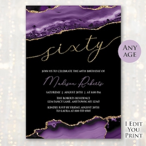 Sixty Birthday Invitation | 60th Birthday | Gold Glitter | Purple Agate | Digital File | ANY AGE 21st, 30th, 40th, 50th, 70th, 80th #IN014