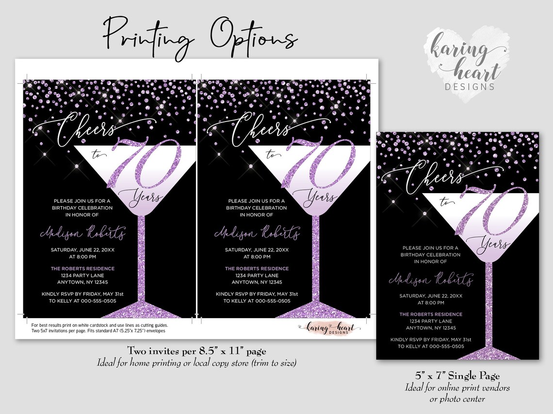 Cheers to 70 Years 70th Birthday Invitation Martini Purple Glitter