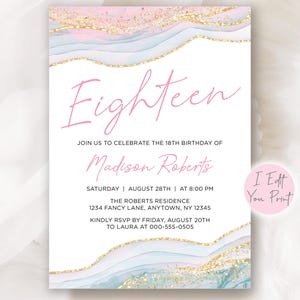 Eighteen Birthday Invitation | 18th Birthday Invite | Agate Invitation | Pastel Invite | Fancy Girl Party | Digital File  #IN013