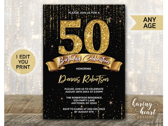 50th Birthday Invitation Adult Men Birthday Invite Black Gold
