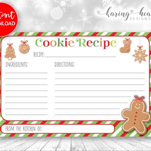 Christmas Cookie Recipe Card 4x6, Gingerbread Man, Printable Recipe Card, Cookie Exchange Cards, Instant Download, Digital File #RC02