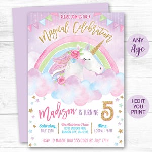 Unicorn Invitation | Magical Celebration | Rainbow Birthday Invitation | Girl Party Invitation | Digital File | ANY AGE #IN003