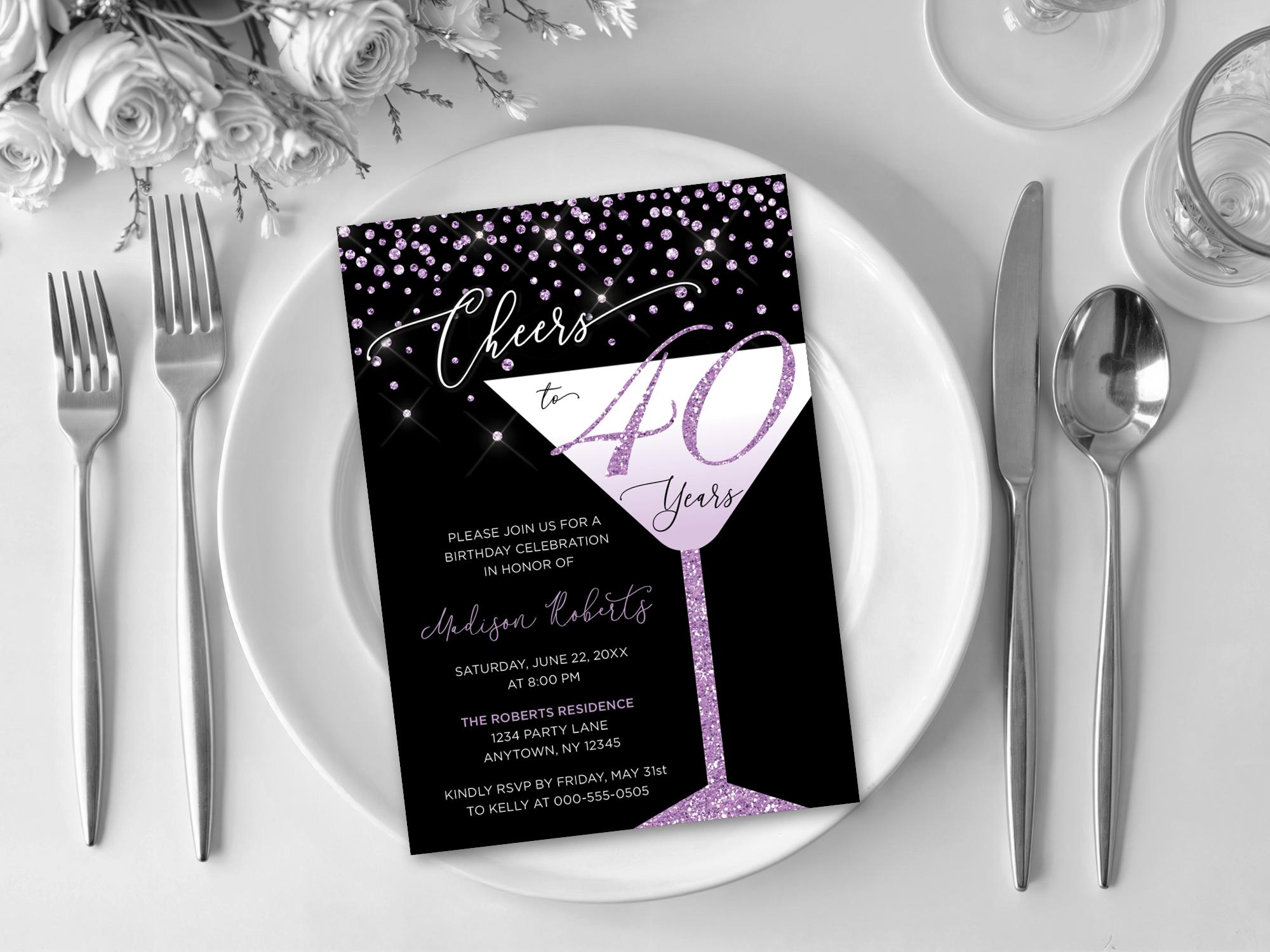 Cheers to 40 Years | 40th Birthday Invitation | Martini | Purple