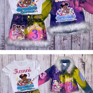 ANY THEME!! Theee-piece birthday set. Custom jean jacket, jeans skirt and shirt!
