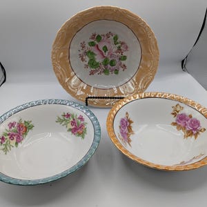 Japanese Lusterware Iridescent Trico Bowls, set of 3 - midcentury vintage, florals, scalloped rims